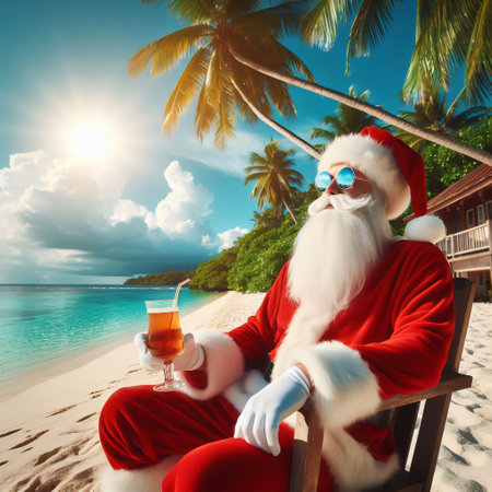 christmas and travel concept - Santa Claus sitting on the beach and drinking beer or cocktail near the oceanの素材
