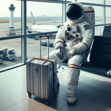 travel, technology, future and science concept - astronaut in spacesuit with suitcase waiting his flight in airportの素材