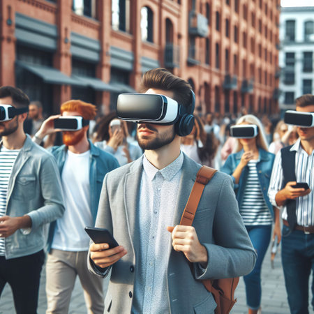new reality, technology and future concept - people in virtual reality glasses walking on the streetの素材