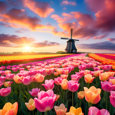 Field of pink and orange tulips and windmill on the backgroundの素材