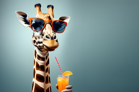 Portrait of funny giraffe in sunglasses with cocktailの素材