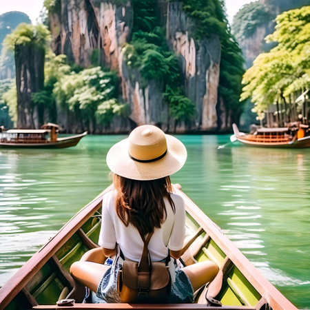 Girl tourist in hat in the boat in thailandの素材