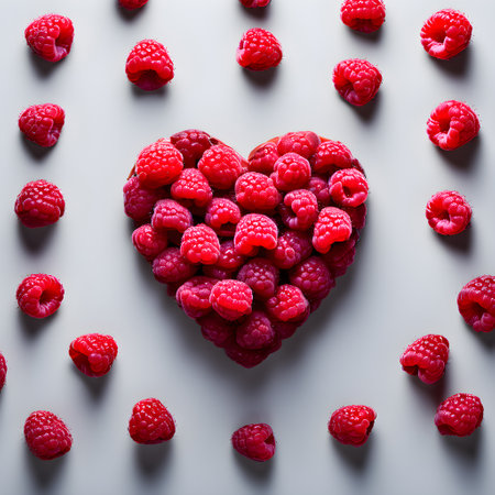 Top view of heart made by red raspberriesの素材