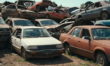 Old crushed cars stacked up for recycling on dumpの素材
