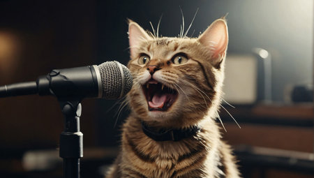 Funny cat singing in microphone in  audio studioの素材