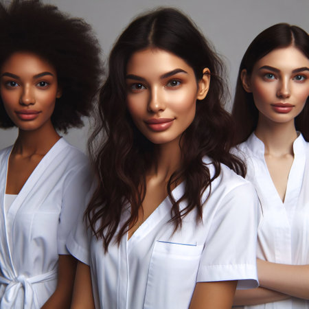 Beautiful three brunette woman in white robe on grey backgroundの素材