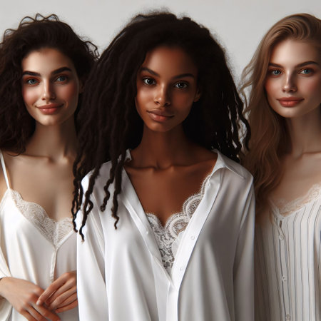 Three young brunette woman with different nationalities in white pijamasの素材