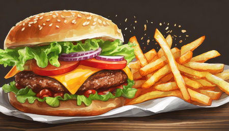 tasty hamburger and potato fries on the table, illustrationの素材
