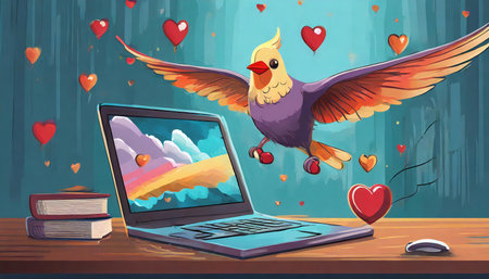 love, dating and technology concept - laptop on the table and flying bird, illustrationの素材