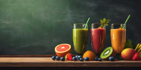 glasses with colorful smoothies and fruits on the table and blackboard with copy space for textの素材