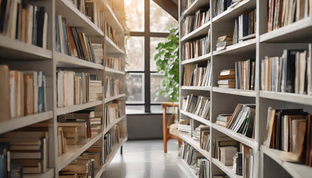 shelves with many books in modern libraryの素材