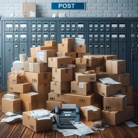 post office with big pile of cardboard boxes and parcelsの素材