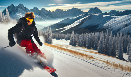 Young man in sport clothes skiing on the top of mountains with googles and backpack with copyspaceの素材