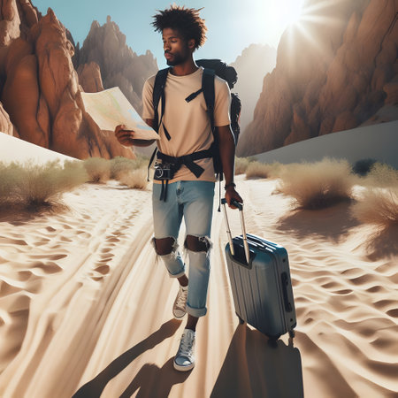 travel and tourism concept - handsome african man walking in desert with map and suitcaseの素材