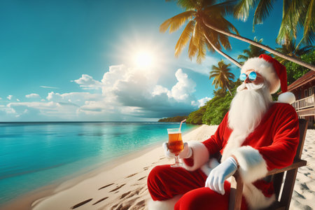 christmas and travel concept - Santa Claus sitting on the beach and drinking beer or cocktail near the ocean, copy space over sea and skyの素材