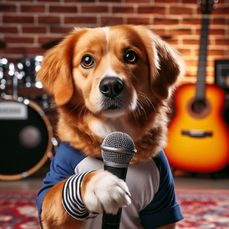 Dog with microphone in the record studio with drum and guitar on the backgroundの素材