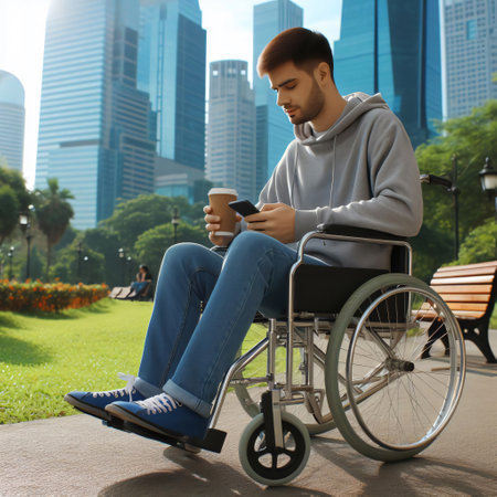 Young man sitting on wheelchair with cup of coffee and phone in handsの素材