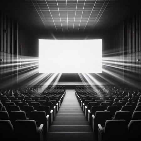 Empty cinema with rows of seats with people looking on screenの素材