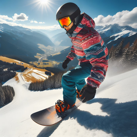 Man in sport clothes with snowboard on the mountain with snowの素材