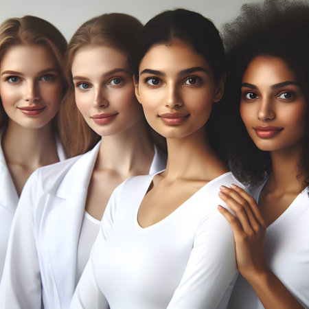 Four woman with different nationalities in white clothesの素材