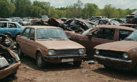 Crushed cars stacked up for recycling on dumpの素材