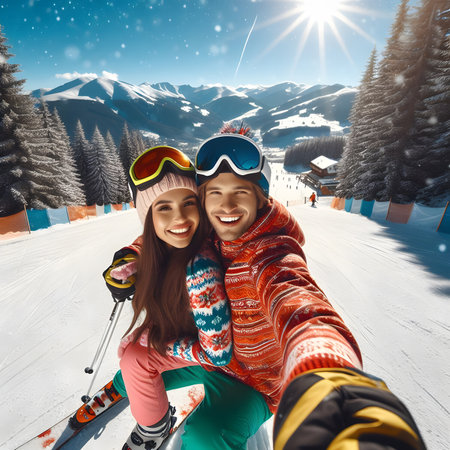 Happy couple skiing on the top of snowy mountainの素材
