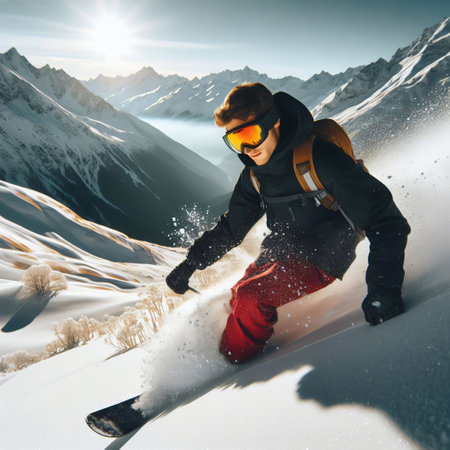 Young man in sport clothes skiing on the top of mountainsの素材