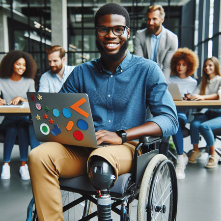 Young disabled black man in wheelchair holding laptop in office with people on backgroundの素材