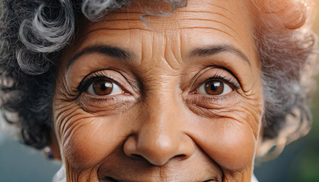 Portrait of elderly black woman eyes with wrinklesの素材