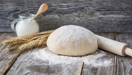 bread bakery concept - dough, rolling pin, milk and flour on the wooden table backgroundの素材