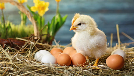 Little chick and pile of eggs in hayの素材