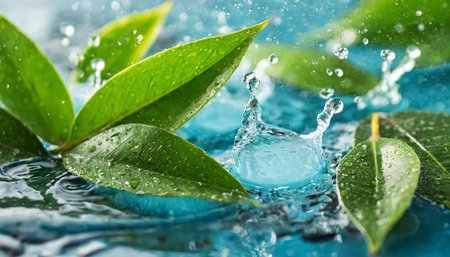 close up of clean aqua splashes and green leavesの素材