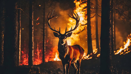 Big deer and forest fire on the backgroundの素材