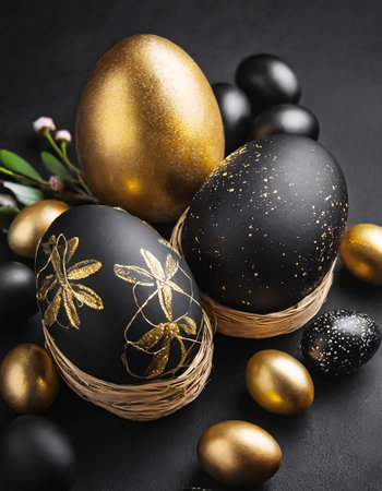 Big and small black and gold Easter eggs with flowersの素材