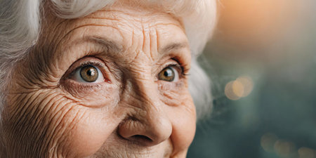 Macro close-up of blonde elderly woman eyes with wrinklesの素材