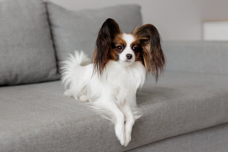 cute papillon dog lying on the sofa at homeの写真素材