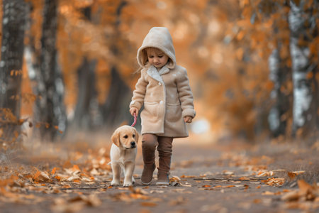 Little girl in beige coat walking in park with her puppy golden retrieverの素材