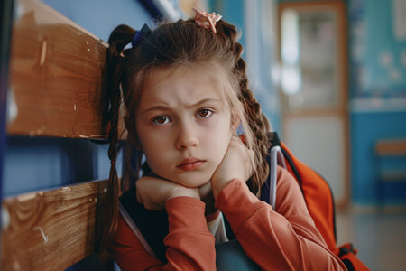 Bored cute little girl in school with bagpackの素材