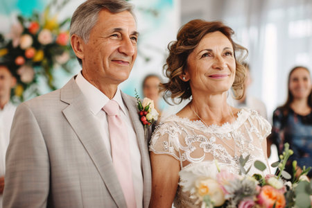 wedding portrait of happy mature couple in festive dress and suitの素材