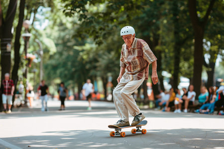 senior man skateboarding in summer parkの素材
