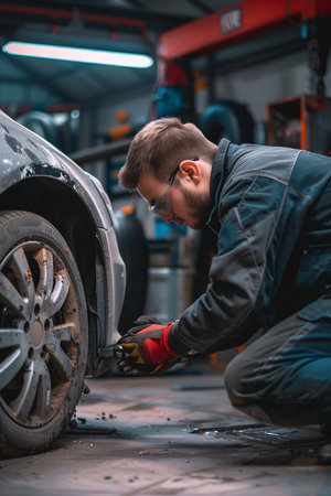 portrait of young mechanic in uniform repairing car in car serviceの素材