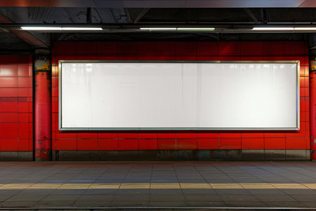 Blank white billboard on the red tile wall in metro stationの素材