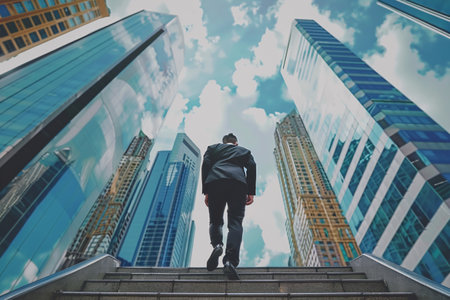 back view of business man climbing up the stairs over business city backgroundの素材