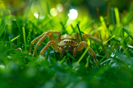 close up of big spider sitting on the green grassの素材