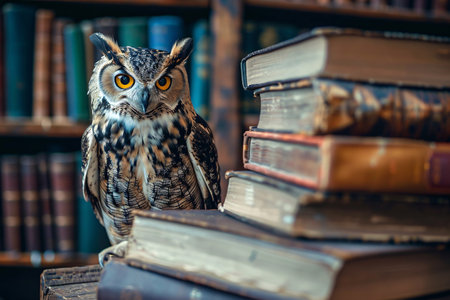 Brown owl sitting near the stack of books in libraryの素材