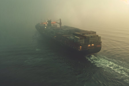 Aerial view of side view of big ship with containers in the sea with wavesの素材