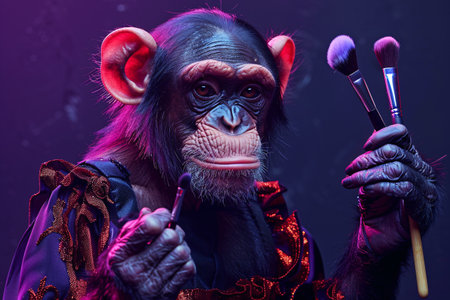 Funny monkey in dress holding make up brushes on dark background with neon lightの素材