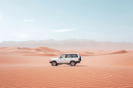 White safari car on golden sand with copy spaceの素材