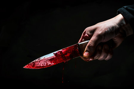 murder and criminal concept, close up of male hand holding knife in blood over dark backgroundの素材