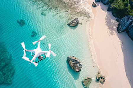 aerial view of modern white drone with camera flying over summer tropical beach with transparent waterの素材